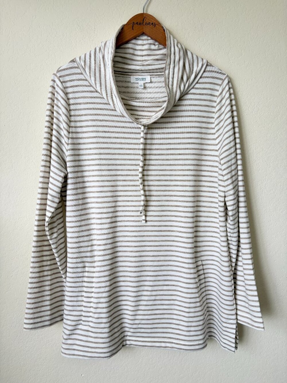 Haven Well Within Top Womens Large Beige Striped Cowl Neck Pullover Shirt L